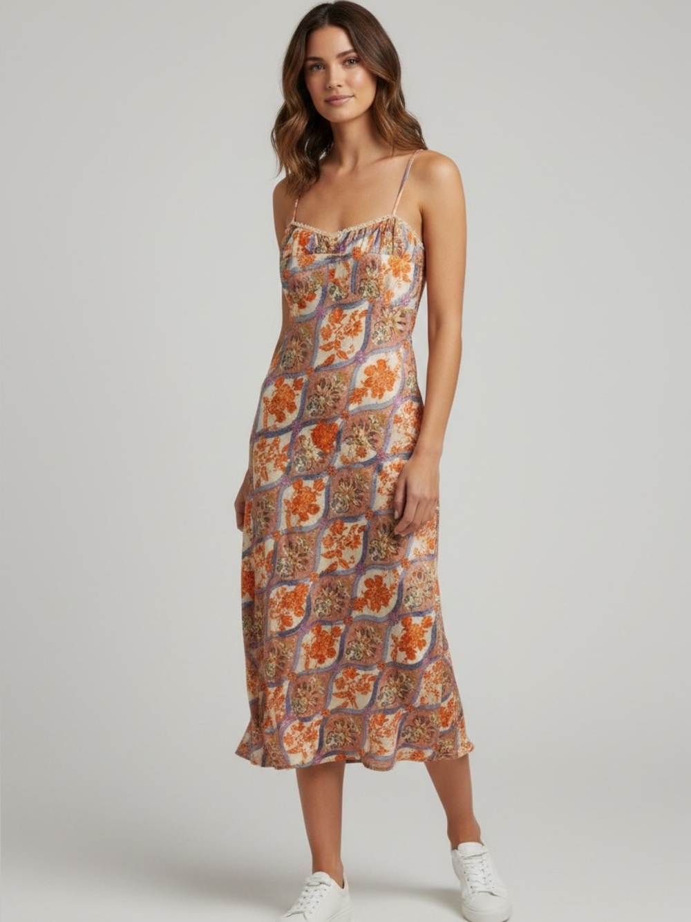Monteau Orange and Blue Linen Blend Floral Midi Dress